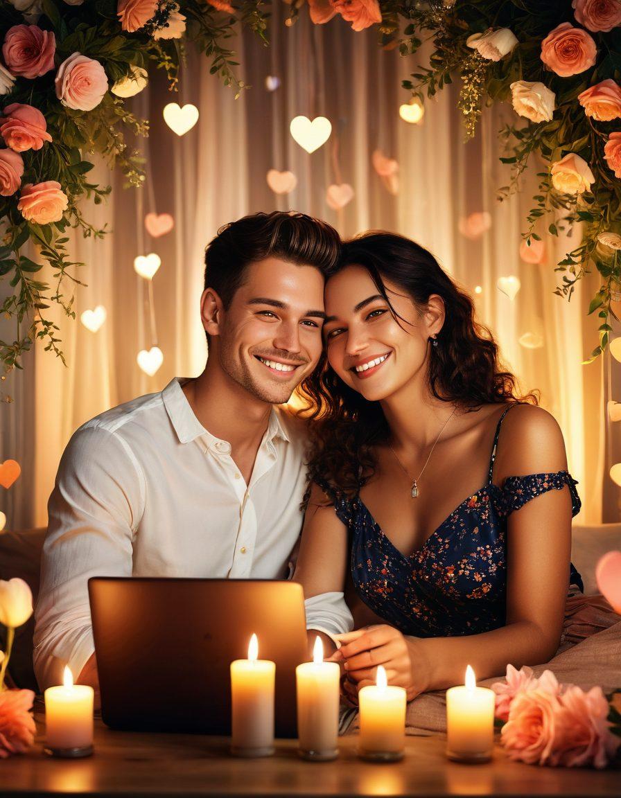 A captivating scene depicting a couple engaged in an intimate online video call, surrounded by soft, warm lighting and romantic elements like candles and flowers. They are exchanging flirtatious smiles, with their screens reflecting a blend of sensuality and playfulness. The background includes subtle hints of digital artistry, like hearts and whimsical graphics floating around. The overall vibe should evoke connection, intimacy, and the blending of virtual and sensual experiences. super-realistic. vibrant colors. soft focus.