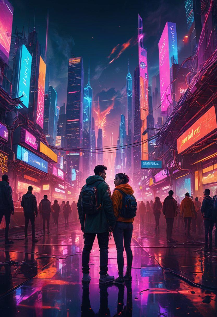 A vibrant digital landscape filled with glowing connections represented by intertwining lines of light, symbolizing passionate connections. In the foreground, diverse individuals engage with their devices, surrounded by bursts of colorful flames that represent their passions. The backdrop features a city skyline at dusk, illuminated by bright neon lights. Infuse the scene with a sense of energy and warmth, showcasing the fusion of technology and human emotion. cyberpunk. vibrant colors. 3D.