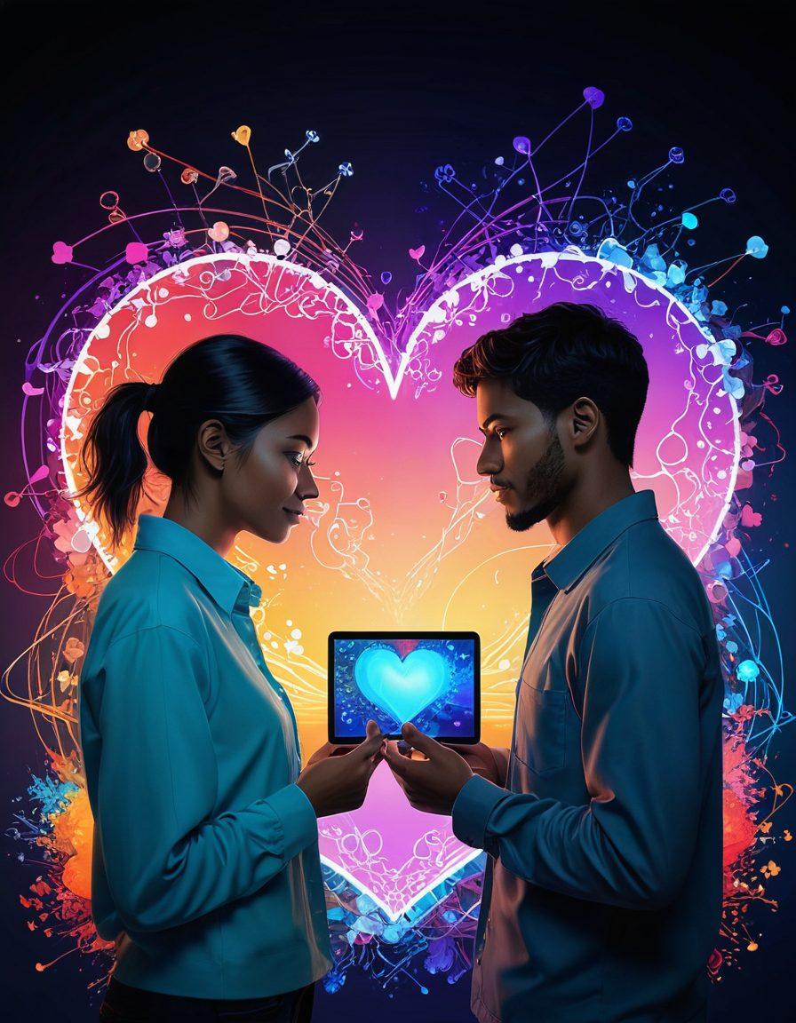 A vibrant digital landscape depicting two individuals connecting through their screens, with colorful heart shapes intertwining between them. The background features abstract symbols of chemistry like molecules and bonds, emphasizing the theme of connections. Their expressions are joyful and engaged, symbolizing passionate online interactions. a blend of warm and cool colors to create an inviting atmosphere. super-realistic. vibrant colors. 3D.